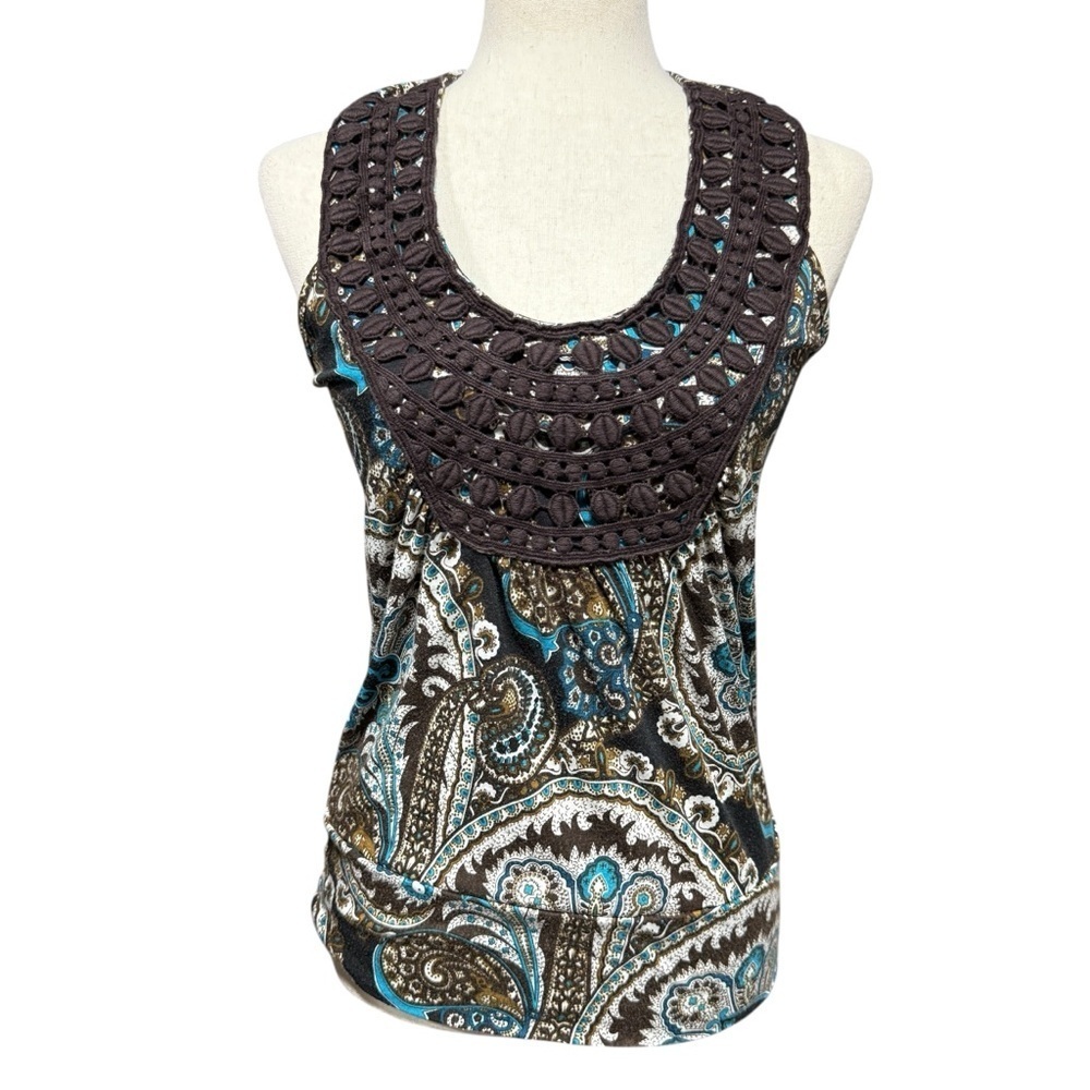 Y2K Vintage Crochet Front‎ Racer Back Tank Top Size M Brown Turquoise Paisley